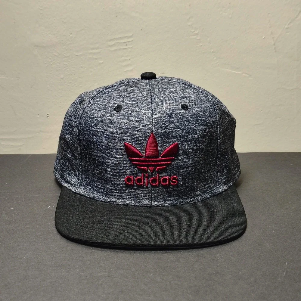 Adidas Hat Cap Snapback Grey Heather Trefoil Spellout Logo Flat Brim Adjustable